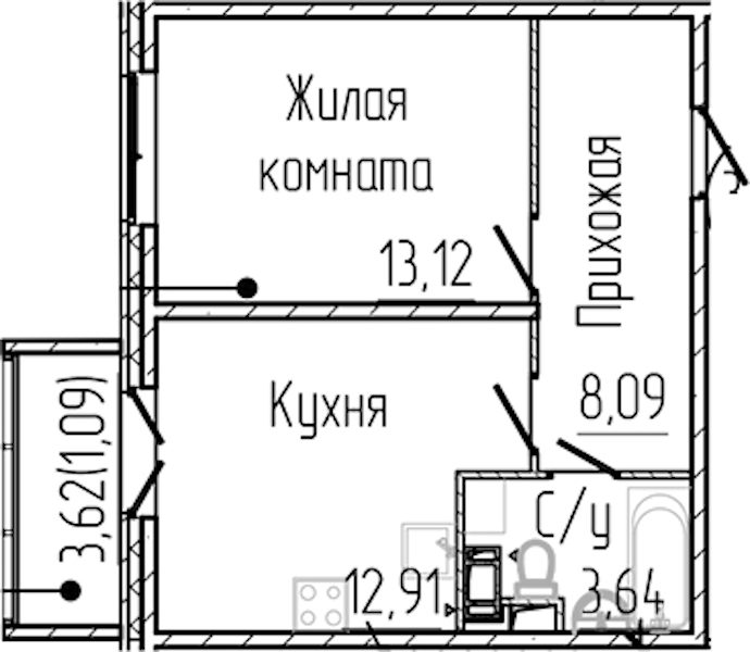 1-комнатная квартира 38.85 м², 4/3 эт., ЖК «SERTOLOVO PARK»